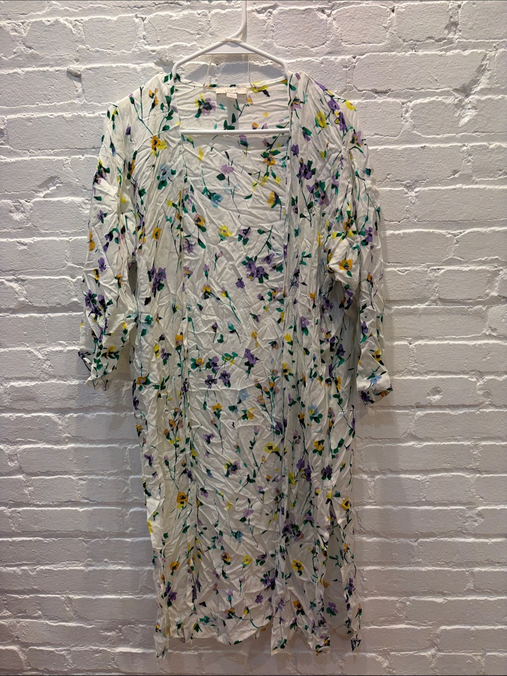 White Floral Maxi Dress with Yellow & Purple Blooms kimono